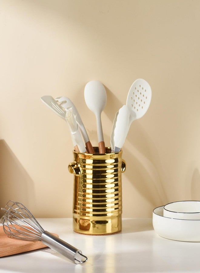 Satu Brown Gold Utensil Holder for Countertop, 6.4" Ceramic Utensil Holder for Kitchen Counter, Large Embossed Cooking Utensil Crocks for Kitchen Decor, Utensil Organizer with Cork Bottom for Housewarming Gifts - Image 5