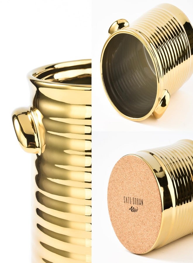 Satu Brown Gold Utensil Holder for Countertop, 6.4" Ceramic Utensil Holder for Kitchen Counter, Large Embossed Cooking Utensil Crocks for Kitchen Decor, Utensil Organizer with Cork Bottom for Housewarming Gifts - Image 4