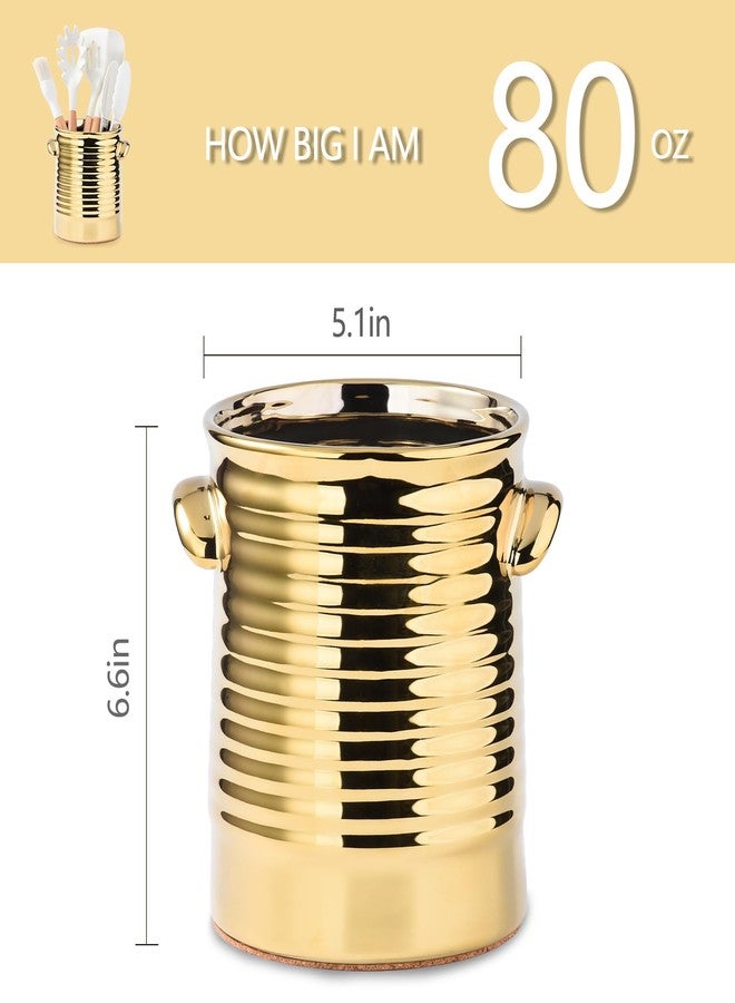 Satu Brown Gold Utensil Holder for Countertop, 6.4" Ceramic Utensil Holder for Kitchen Counter, Large Embossed Cooking Utensil Crocks for Kitchen Decor, Utensil Organizer with Cork Bottom for Housewarming Gifts - Image 3