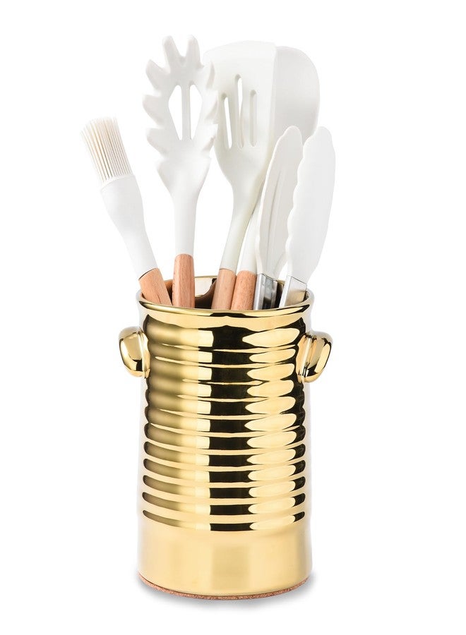 Satu Brown Gold Utensil Holder for Countertop, 6.4" Ceramic Utensil Holder for Kitchen Counter, Large Embossed Cooking Utensil Crocks for Kitchen Decor, Utensil Organizer with Cork Bottom for Housewarming Gifts - Image 1