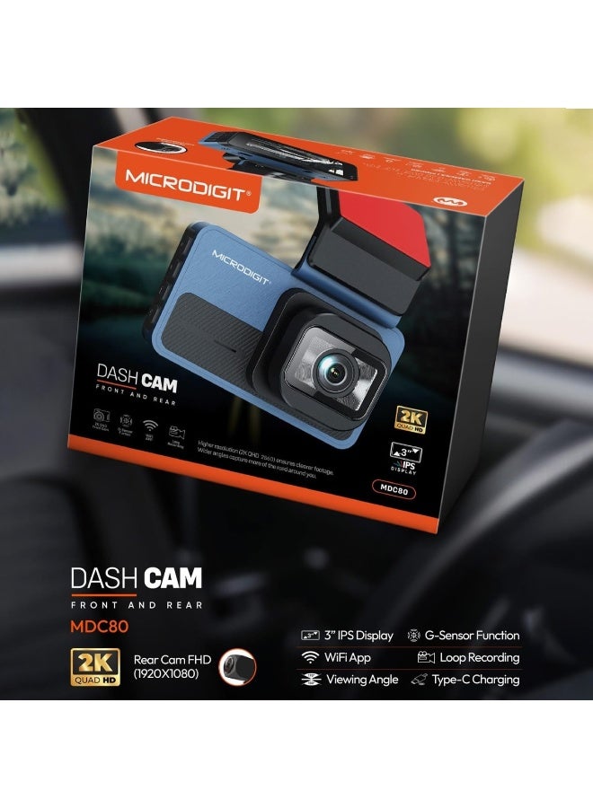 MICRODIGIT MDC80 Dual Channel Dash Cam (2K Quad HD Front + 1080P Rear with WiFi & G-Sensor) - Image 5