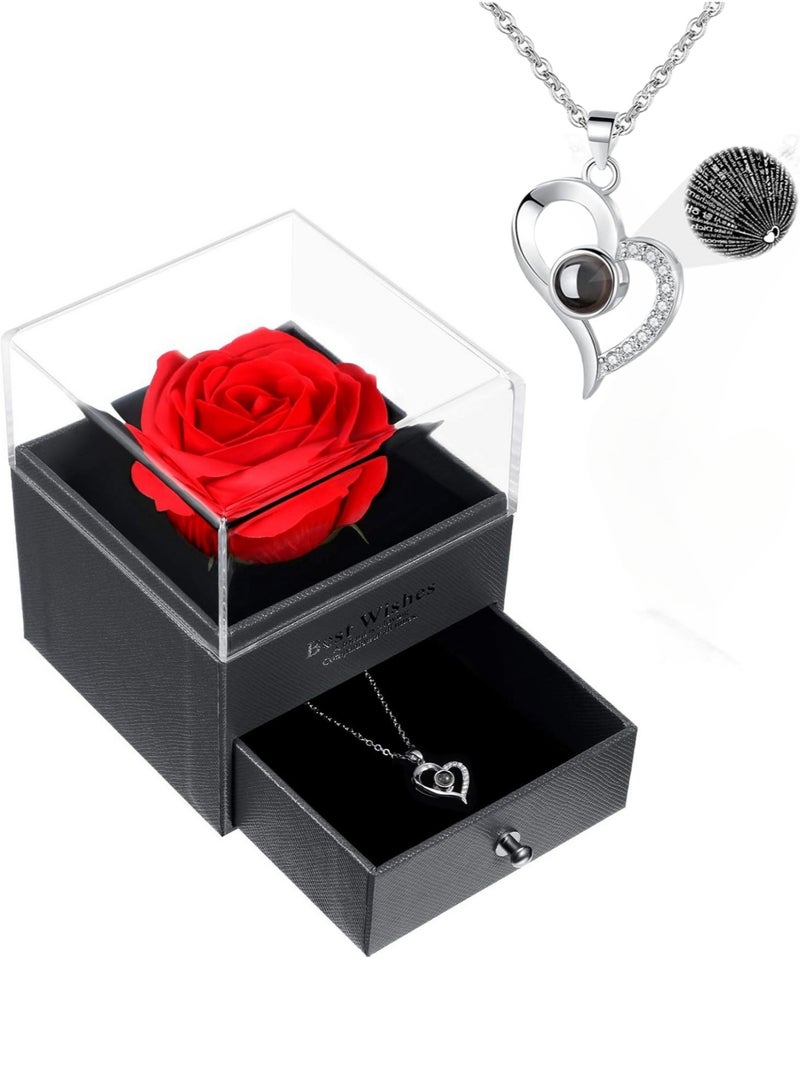 قلادة على شكل قلب مكتوب عليها أحبك بـ 100 لغة، مع صندوق تخزين مجوهرات وردة حمراء للأم والزوجة والصديقة - Image 1