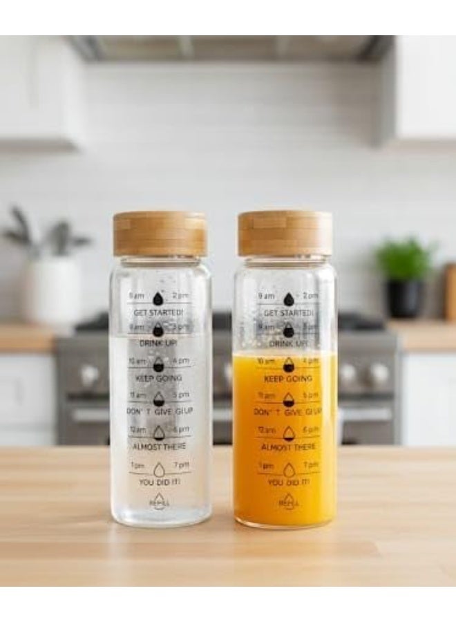 Spaceshoop Time Marked Motivational Glass Water Bottle with Bamboo Lid Clear 700 Milliliters Eco Friendly Reusable Travel Bottle for Daily Hydration and Wellness - Image 2