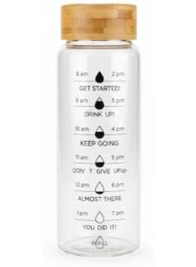 Spaceshoop Time Marked Motivational Glass Water Bottle with Bamboo Lid Clear 700 Milliliters Eco Friendly Reusable Travel Bottle for Daily Hydration and Wellness - Image 1