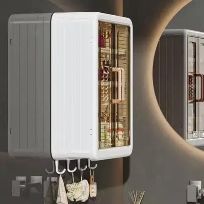 LUXEHOME قطعة واحدة من منظم الحمام متعدد الاستخدامات بدون تثقيب، خزانة تخزين بلاستيكية معلقة على الحائط للمطبخ والحمام مع أرفف وباب | منظم للمستلزمات، المكياج (خزانة الحمام) - Image 4