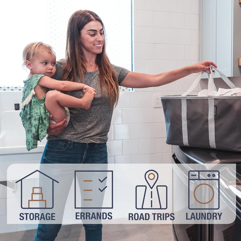 Clevermade CleverMade Collapsible Laundry Tote  Denim Charcoal 2Pack 50L  Foldable Storage Organization Container for Clothes Laundry Room Storage Solution  - Image 3
