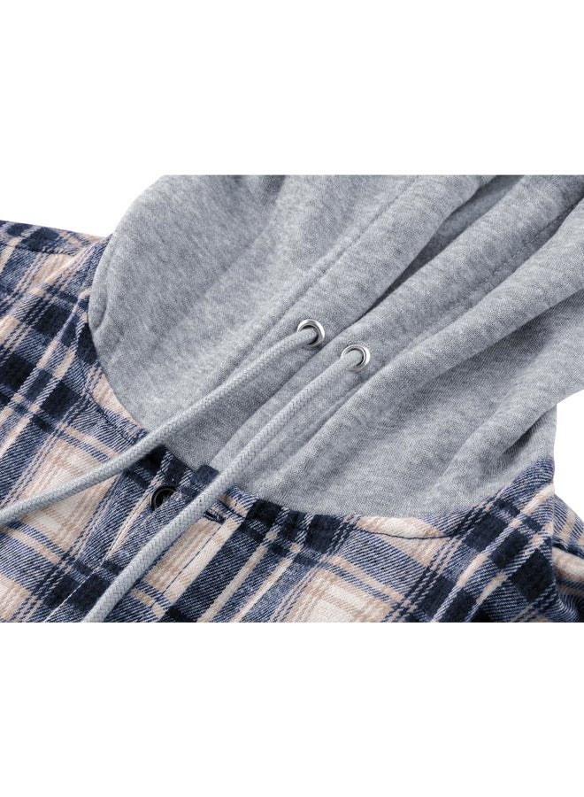 ZITY Men's Flannel Hoodie Shirts Casual Button Down Plaid Shirt Jackets for Men Long Sleeve Stylish Hooded with Pocket, Dark Blue White, L - Image 5
