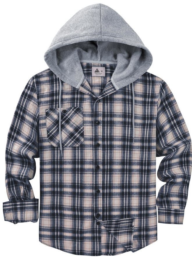 ZITY Men's Flannel Hoodie Shirts Casual Button Down Plaid Shirt Jackets for Men Long Sleeve Stylish Hooded with Pocket, Dark Blue White, L - Image 2