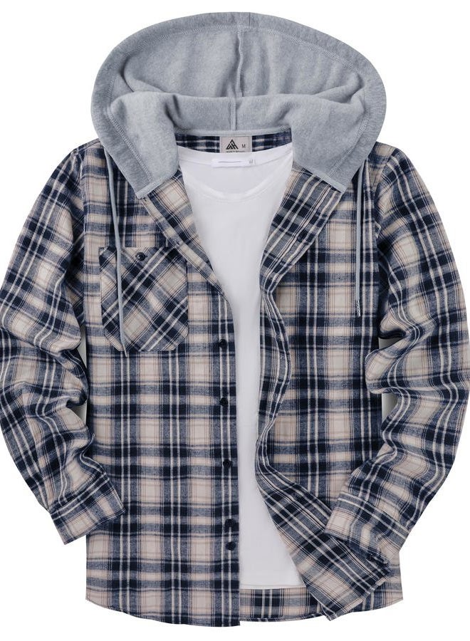 ZITY Men's Flannel Hoodie Shirts Casual Button Down Plaid Shirt Jackets for Men Long Sleeve Stylish Hooded with Pocket, Dark Blue White, L - Image 1