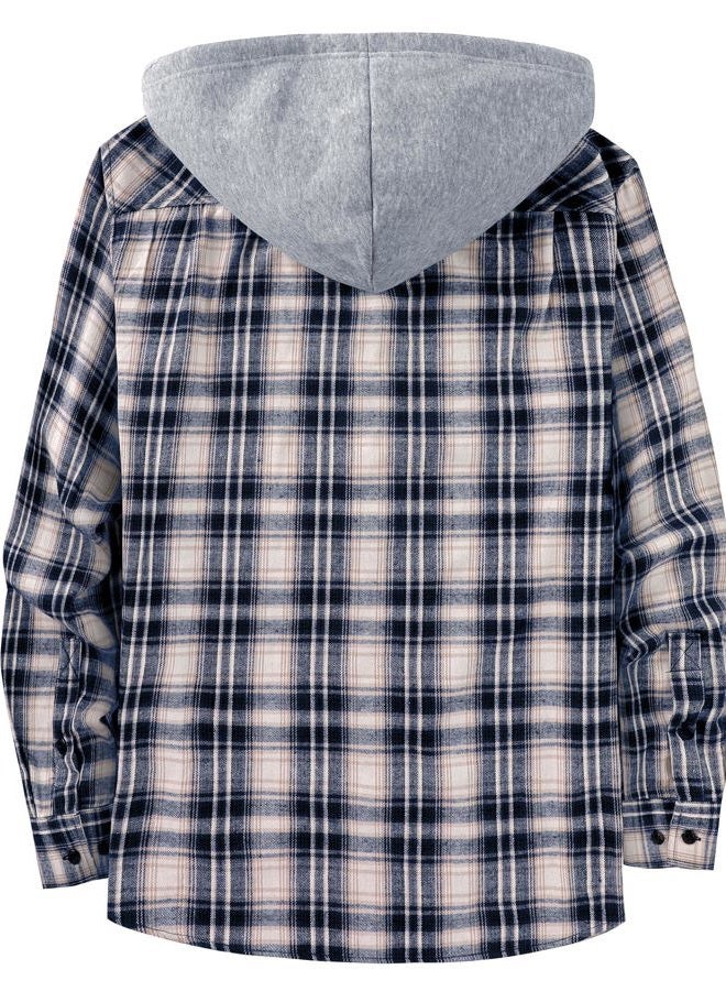 ZITY Men's Flannel Hoodie Shirts Casual Button Down Plaid Shirt Jackets for Men Long Sleeve Stylish Hooded with Pocket, Dark Blue White, L - Image 3