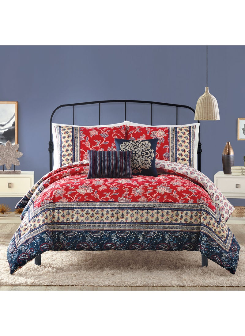 Indigo Bazaar Indigo Bazaar Marbella 5Piece Paisley Reversible Comforter Set  UltraSoft Cotton All Seasons Bedding  Full Queen RedBlue 