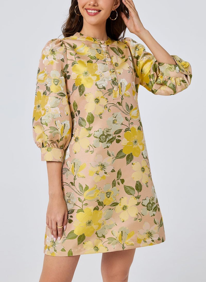 Ladyful Women's Floral Jacquard Shift Dress 2026 Long Puff Sleeve Button Up Elegant Cocktail Party Mini Dress Yellow - Image 5