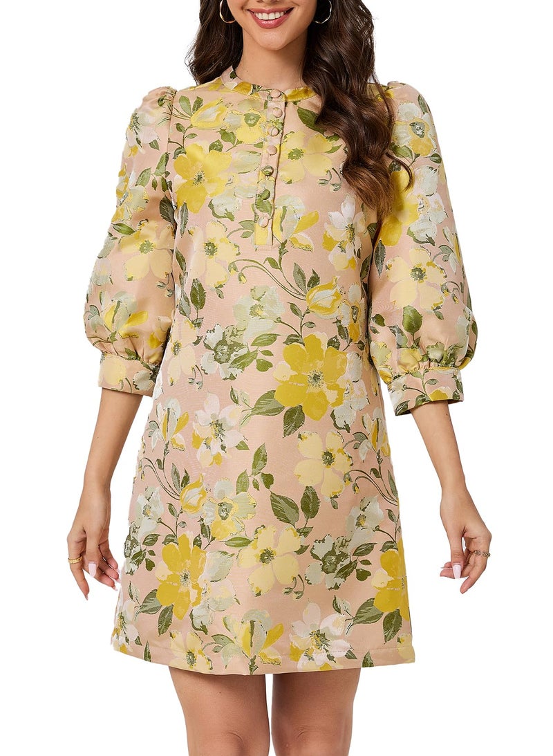 Ladyful Women's Floral Jacquard Shift Dress 2026 Long Puff Sleeve Button Up Elegant Cocktail Party Mini Dress Yellow - Image 1