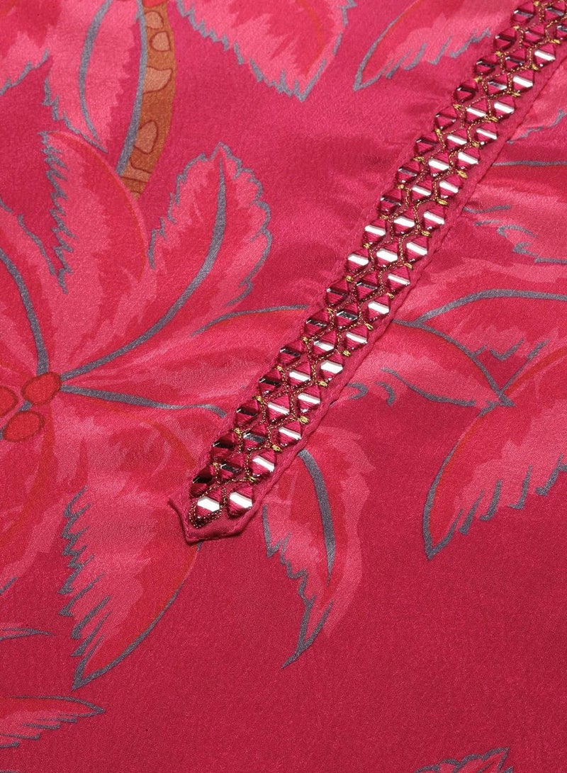 ISHIN Women'S Red Polyester Blend Self Design Full Length Palazzo Kurta Set - Image 3