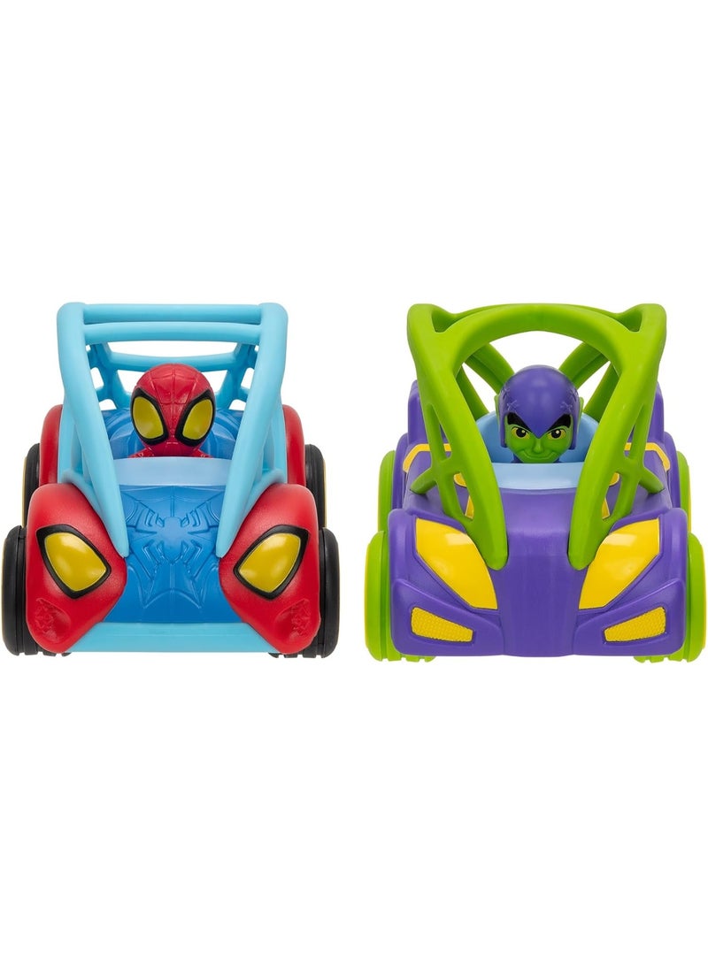 Jazwares Marvel Spidey & Friends Power Rollers Vehicle Set, Spidey vs Green Goblin Pull-Back 6-Inch Cars with 360° Flips - Image 1