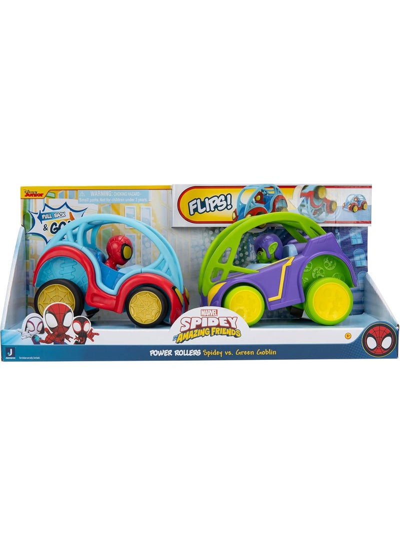 Jazwares Marvel Spidey & Friends Power Rollers Vehicle Set, Spidey vs Green Goblin Pull-Back 6-Inch Cars with 360° Flips - Image 3