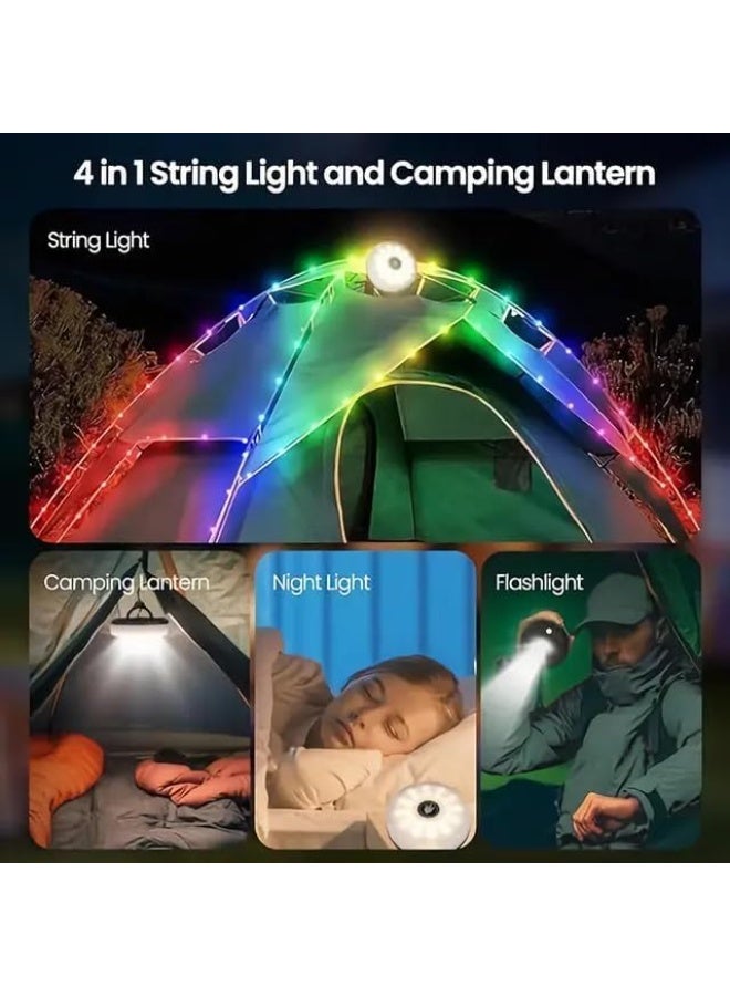 مصباح خيمة محمول مع إضاءة خيطية – 2 في 1، يُشحن بالطاقة الشمسية و USB، مصباح خيمة LED مع سلك إضاءة بطول 32.8 قدم، يحتوي على 8 أوضاع للإضاءة، مقاوم للماء، مثالي للتخييم والرحلات الخارجية - Image 3