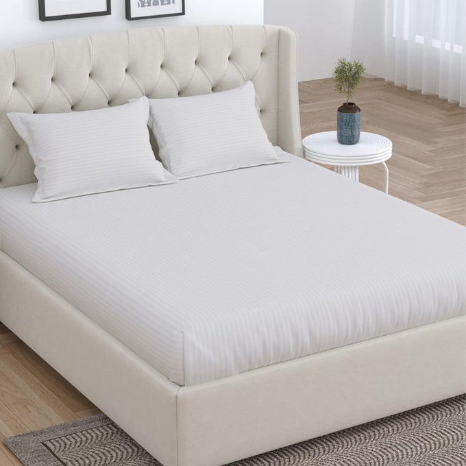 COTTON 210TC STRIPED BEDSHEET FOR DOUBLE SIZE BED FLAT BEDSHEETS WITH PILLOW COVER SOFT SILKY COMFORTABLE DOUBLEOFF WHITE