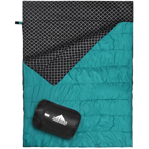 AGEMORE Cotton Flannel Double Sleeping Bag for Camping, Backpacking Or Hiking. Queen Size 2 Person Waterproof Sleeping Bag for Adults Or Teens. Lightweight with Compression Sack - Image 1
