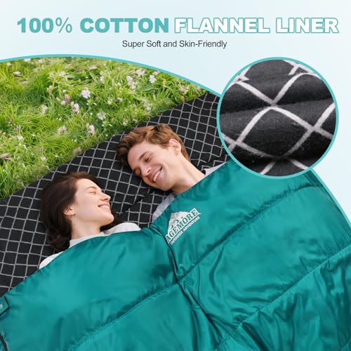 AGEMORE Cotton Flannel Double Sleeping Bag for Camping, Backpacking Or Hiking. Queen Size 2 Person Waterproof Sleeping Bag for Adults Or Teens. Lightweight with Compression Sack - Image 3