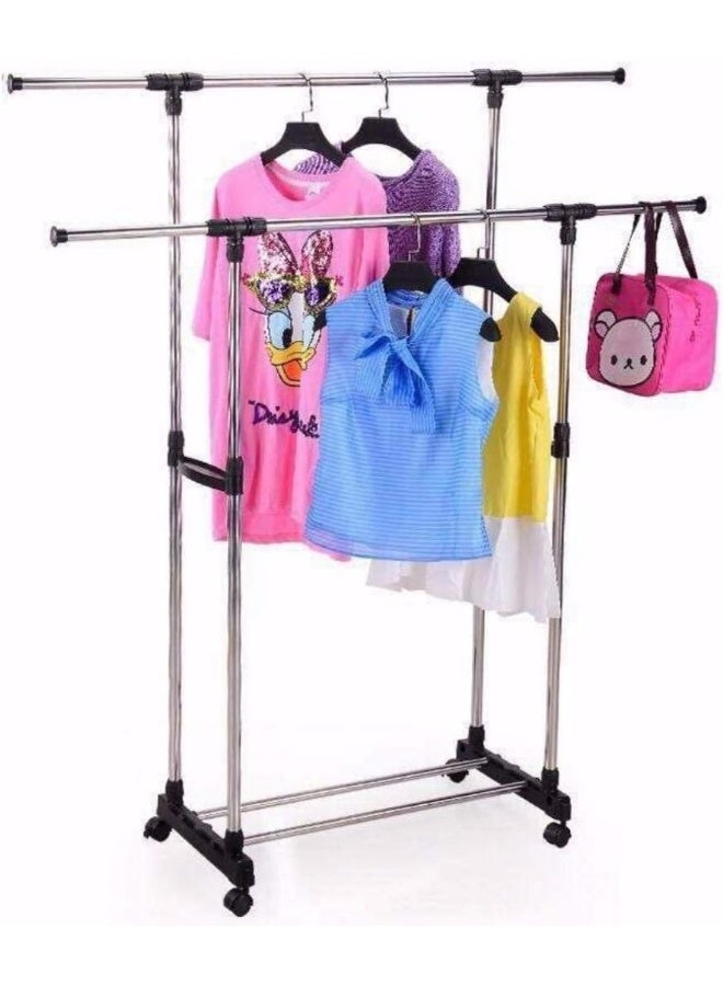 HEAVY DUTY Double Pole Adjustable Portable Clothes Rack Hanger Extendable Rolling  - Image 4