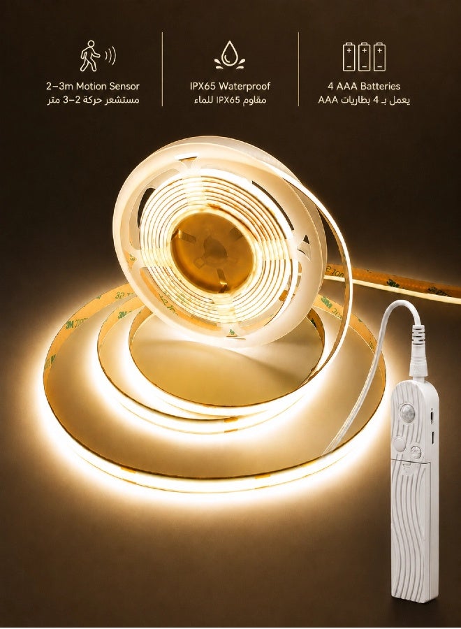 Battery Powered COB LED Strip Light with Smart Motion Sensor, 2M Wireless Warm Cozy Light, High Density 300 LEDs/M, No-Drill Sticky Sensor Lamp for Bedroom & Kitchen - Image 1