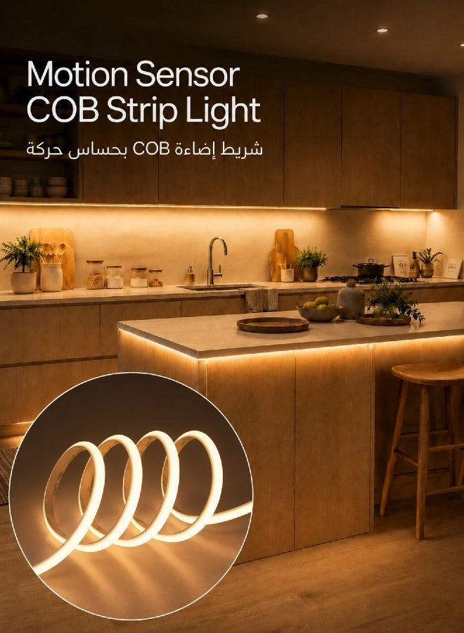 Battery Powered COB LED Strip Light with Smart Motion Sensor, 2M Wireless Warm Cozy Light, High Density 300 LEDs/M, No-Drill Sticky Sensor Lamp for Bedroom & Kitchen - Image 2