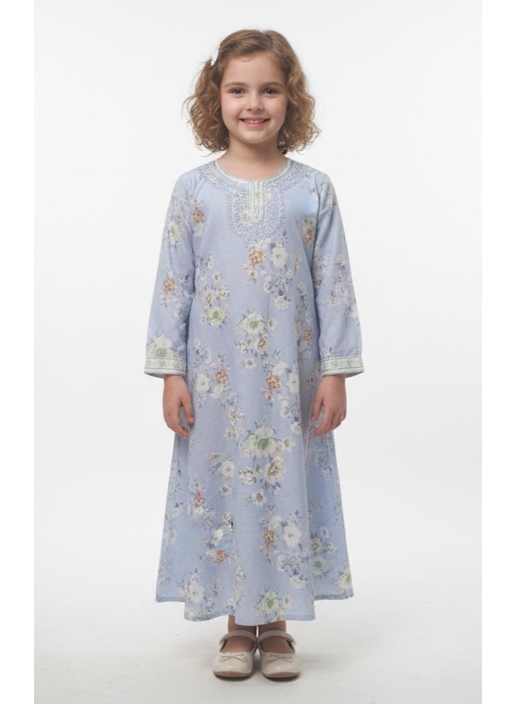 HANA & SARA Girls Arabic Digital Print Jalabiya – Pastel Floral Festive Viscose Blended Comfort Dress - Image 1