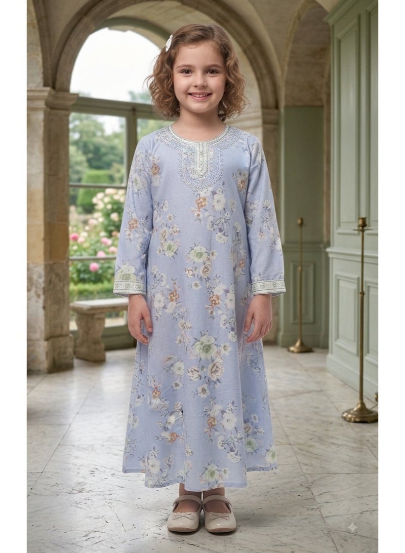HANA & SARA Girls Arabic Digital Print Jalabiya – Pastel Floral Festive Viscose Blended Comfort Dress - Image 1