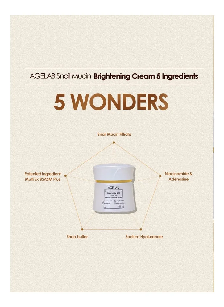 Age Lab Snail Mucin All-In-One Brightening And Firming Cream Hydrating, Anti-Aging, & Wrinkle-Reducing Korean Skincare, Evens Skin Tone & Boosts Elasticity Ideal for Sensitive Skin - 60g