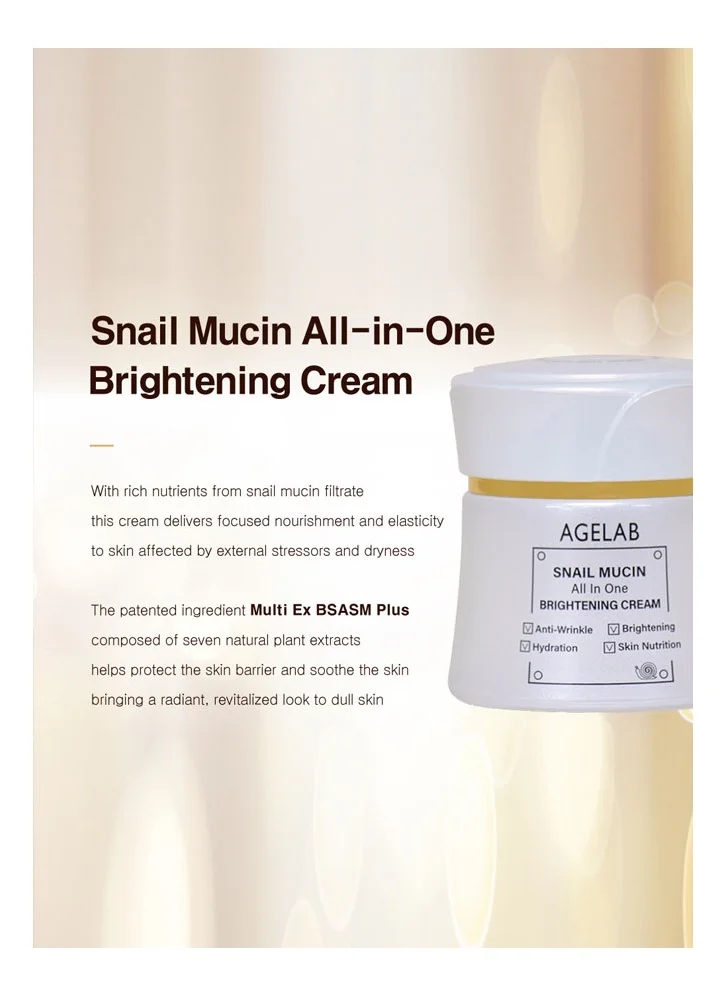 Age Lab Snail Mucin All-In-One Brightening And Firming Cream Hydrating, Anti-Aging, & Wrinkle-Reducing Korean Skincare, Evens Skin Tone & Boosts Elasticity Ideal for Sensitive Skin - 60g