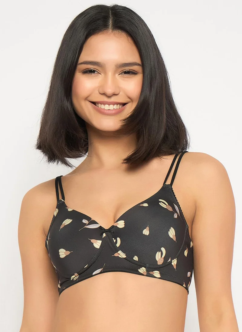 Clovia Clovia Padded Non-Wired Full Coverage Floral Print T-shirt Bra in Black
