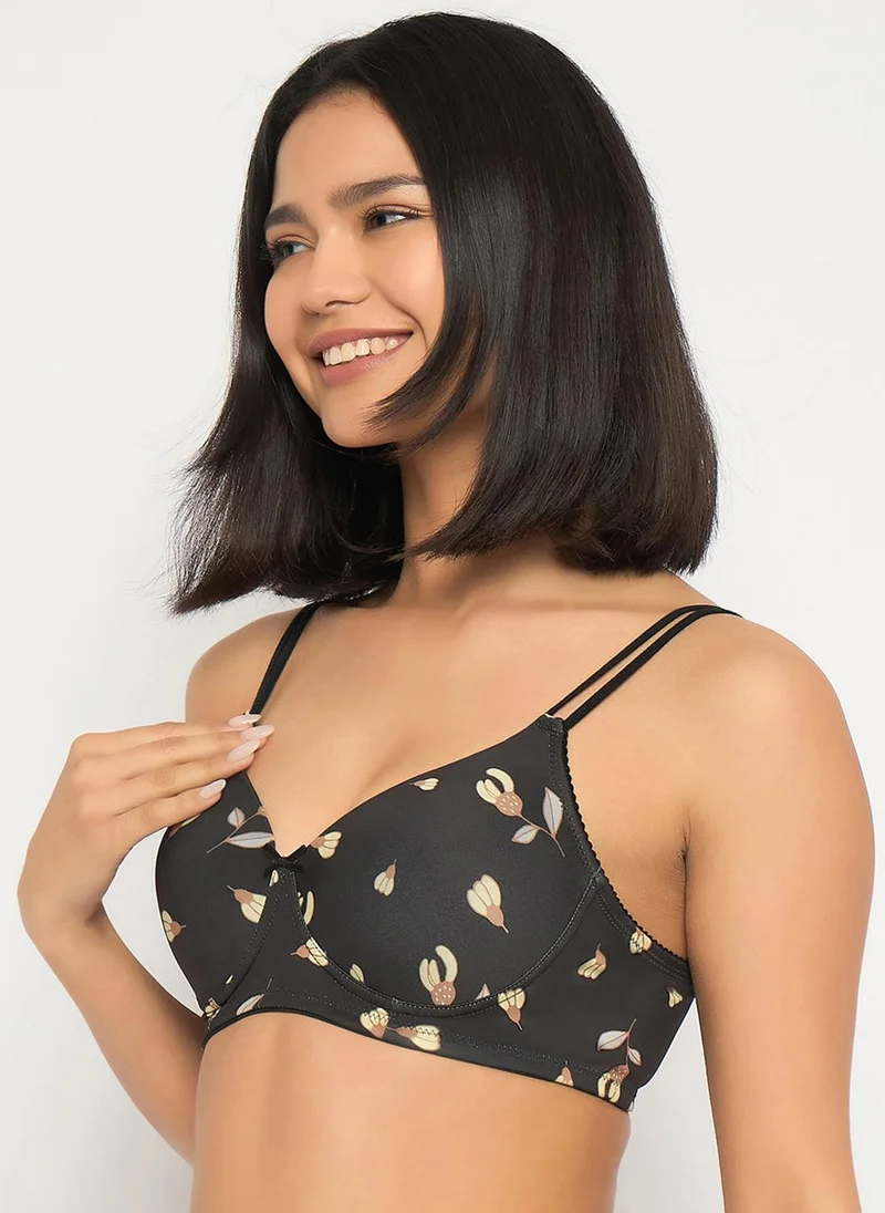 Clovia Clovia Padded Non-Wired Full Coverage Floral Print T-shirt Bra in Black