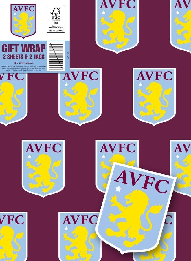 Danilo Promotions LTD Aston Villa FC Wrapping Paper 2 Sheets 2 Tags, Aston Villa Football Gift Wrap - Image 1