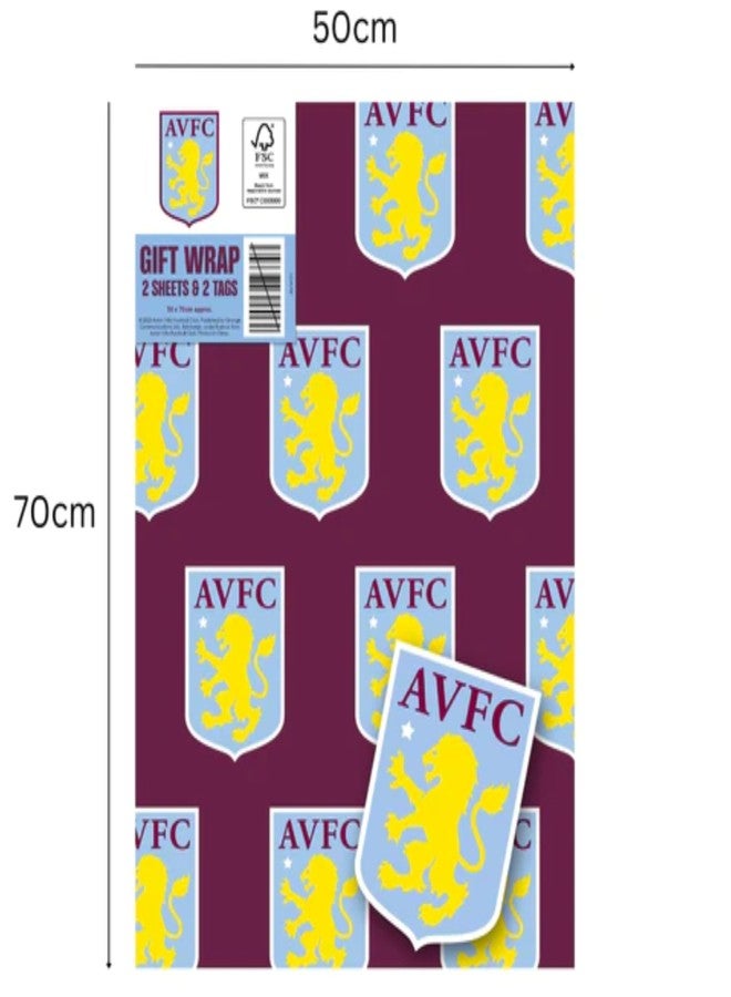 Danilo Promotions LTD Aston Villa FC Wrapping Paper 2 Sheets 2 Tags, Aston Villa Football Gift Wrap - Image 2