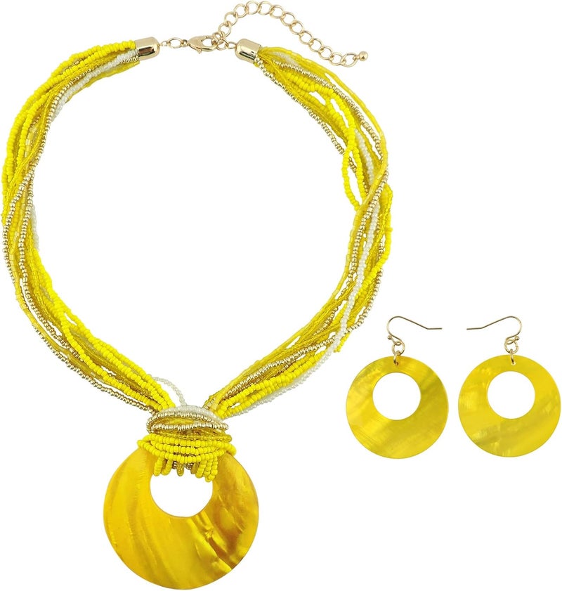 Coiris Multi Strand Statement Colorful Beaded Necklace with Big Circle Shell Pendant for Women - Image 1