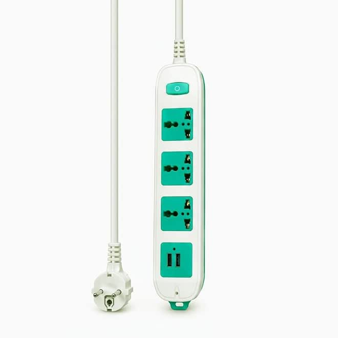 3-Way Power Socket Extension Lead with 2 USB Charging Ports, Modern White and Blue Design, Perfect for Home and Office Electronics Organization, 1.5m Cable Length, Reliable Safety