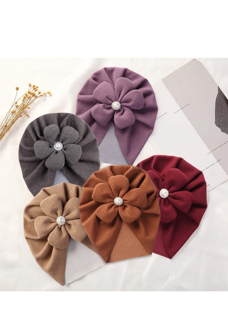 Loquat Baby Turban Newborn Soft Beanie Girl Boys Breathable Big Bow Headband Infant Stretchy Hospital Hat Toddler Solid Color Head Wraps Photography Props Accessories 5 Pack - Image 3