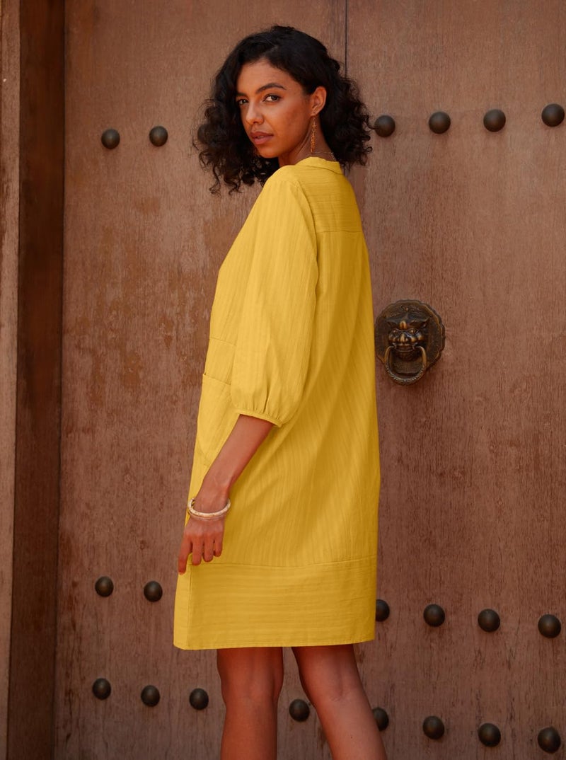 Lafural Womens V Neck Cotton Casual Loose Shift Tunic Smock Summer Dresses Vacation Dress 3/4 Sleeve Pocket Yellow L - Image 2