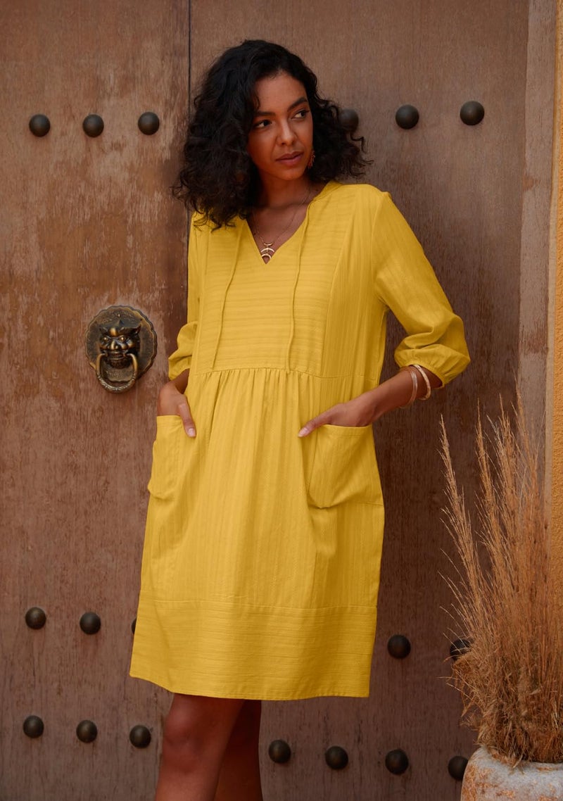 Lafural Womens V Neck Cotton Casual Loose Shift Tunic Smock Summer Dresses Vacation Dress 3/4 Sleeve Pocket Yellow L - Image 1