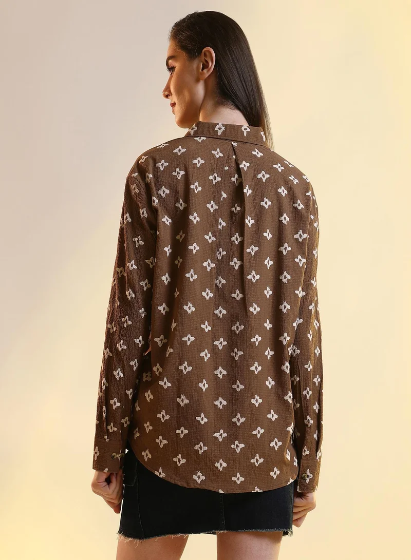 PINACOLADA Floral-Tactile Oversized Shirt For Casual Wear | Spread Collar | Long Sleeve | Button Closure | Oversized Shirt Designed With Comfortable Fit For Woman & Girls