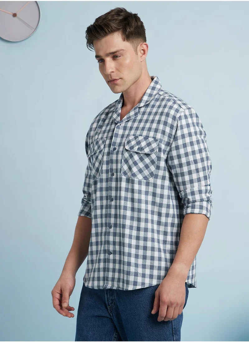 دينيس لينغو Men's Blue 100% Cotton Checkered Regular Fit Shirt