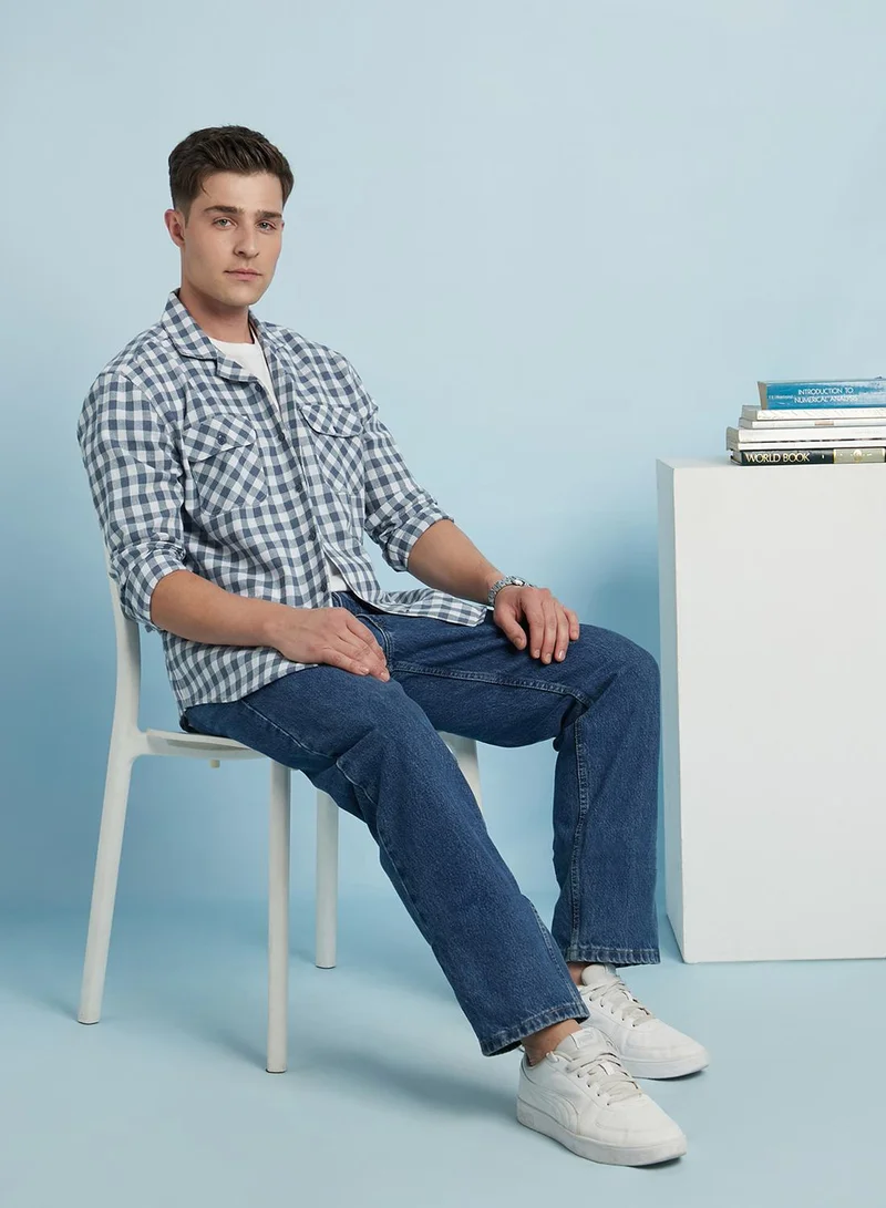 Dennis Lingo Men's Blue 100% Cotton Checkered Regular Fit Shirt