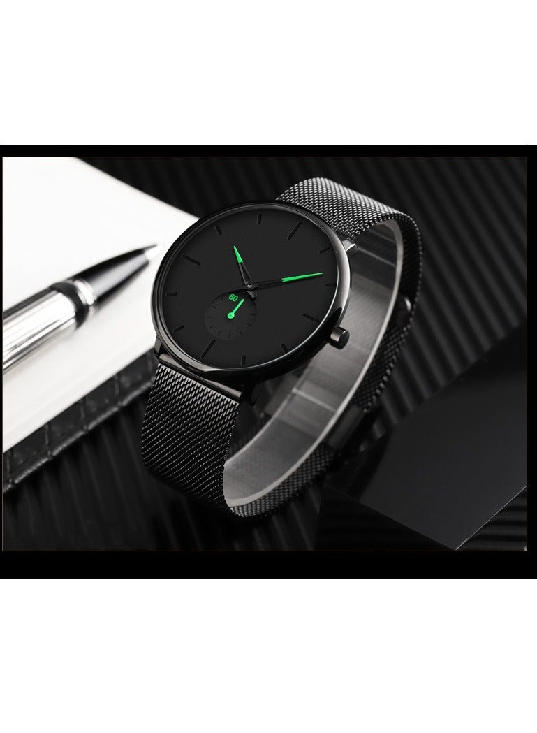 ساعة رجال بسيطة، أنيقة، مقاومة للماء، Business Two-pin Semi Stainless Steel with Youth Quartz Watch 9185 -40 mm -Black - Image 4
