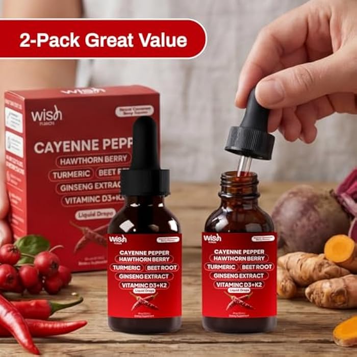 Wish Fusion Cayenne Pepper Drops with Hawthorn Berry, Turmeric, Beet Root & Ginseng Vitamin D3 + K2, 2 Pack Organic Cayenne Pepper Drops for Men Support Circulation & Energy Liquid Cayenne Pepper - Image 3