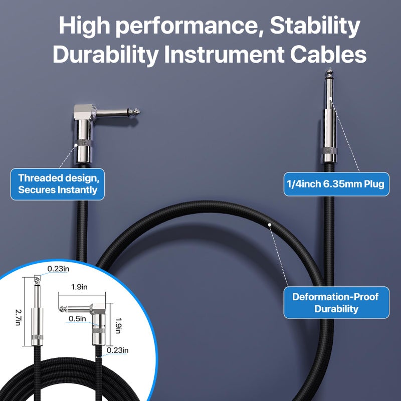 GOGHOST Guitar Cables 10FT, Amp Chord Electric Guitar Aux Amp Cord Braided, TS 1/4 Quarter Inch Straight to Right Angle Bass Instrument Cable Pro Audio (Black, 1Pack) - Image 3