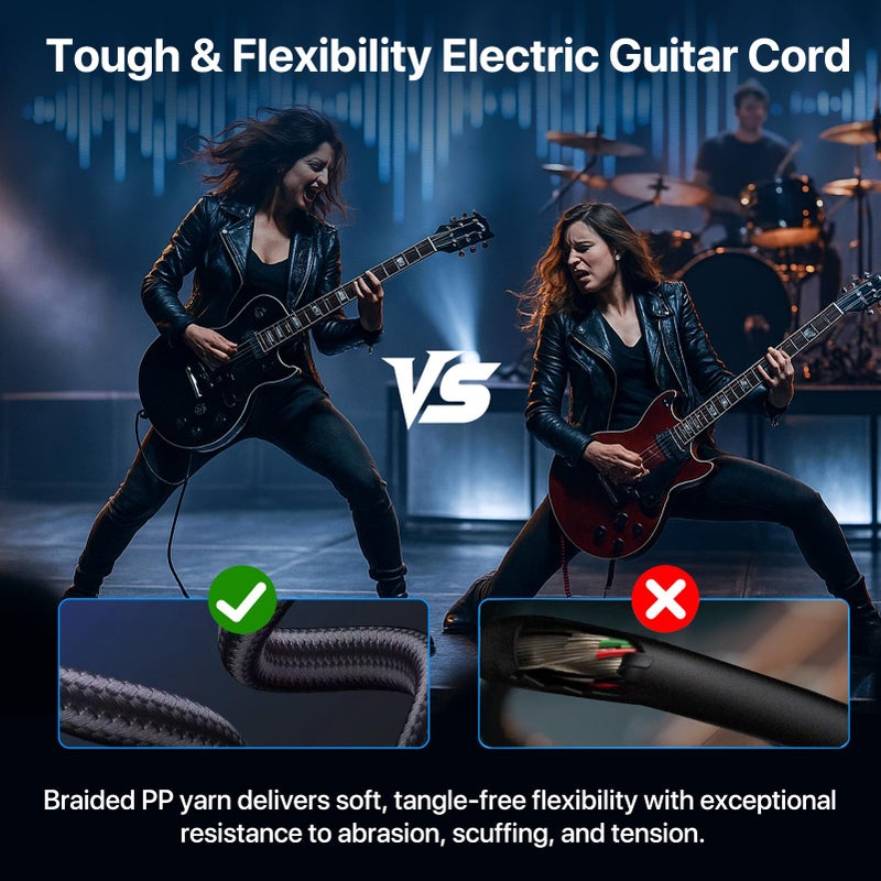 GOGHOST Guitar Cables 10FT, Amp Chord Electric Guitar Aux Amp Cord Braided, TS 1/4 Quarter Inch Straight to Right Angle Bass Instrument Cable Pro Audio (Black, 1Pack) - Image 5