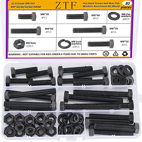 ZTF 80Pcs m8 x 1.25 Bolt Metric Nuts and Bolts Assortment 30mm, 40mm, 50mm, 60mm, 70mm, 20 Sets Black Full Thread Hex Head Bolts and Nuts Kit M8, 12.9 Grade Alloy Steel with Flat and Lock Washers - Image 1