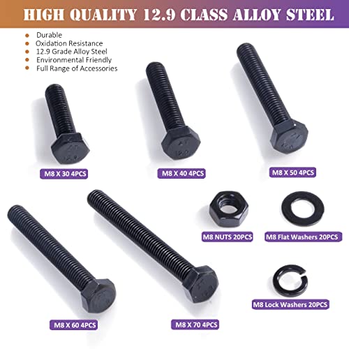 ZTF 80Pcs m8 x 1.25 Bolt Metric Nuts and Bolts Assortment 30mm, 40mm, 50mm, 60mm, 70mm, 20 Sets Black Full Thread Hex Head Bolts and Nuts Kit M8, 12.9 Grade Alloy Steel with Flat and Lock Washers - Image 3