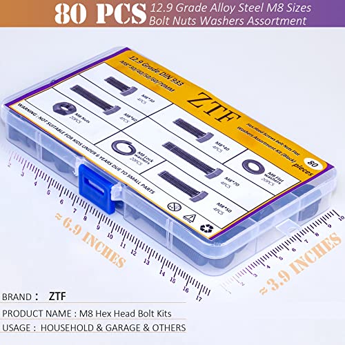 ZTF 80Pcs m8 x 1.25 Bolt Metric Nuts and Bolts Assortment 30mm, 40mm, 50mm, 60mm, 70mm, 20 Sets Black Full Thread Hex Head Bolts and Nuts Kit M8, 12.9 Grade Alloy Steel with Flat and Lock Washers - Image 4
